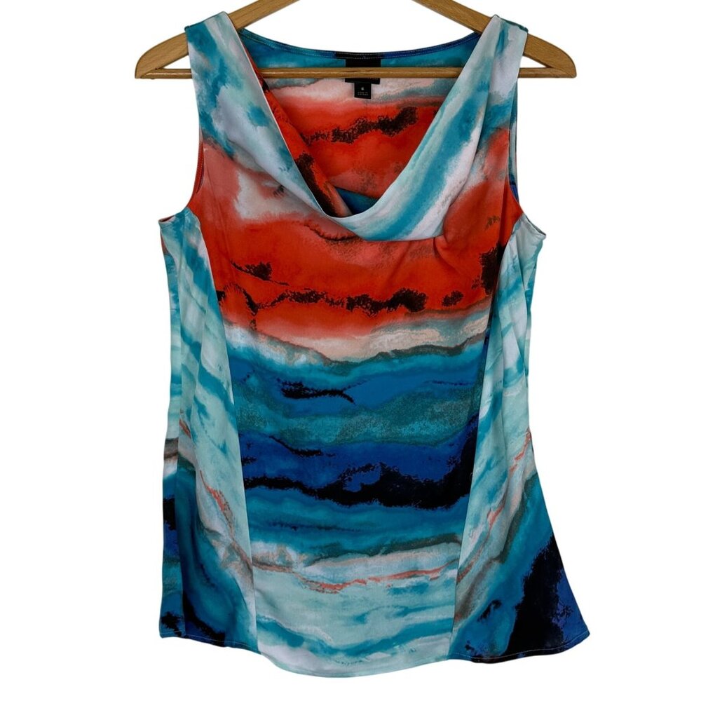 Worthington Sleeveless Blouse Size Small Cowl Neck Watercolor Red Blue